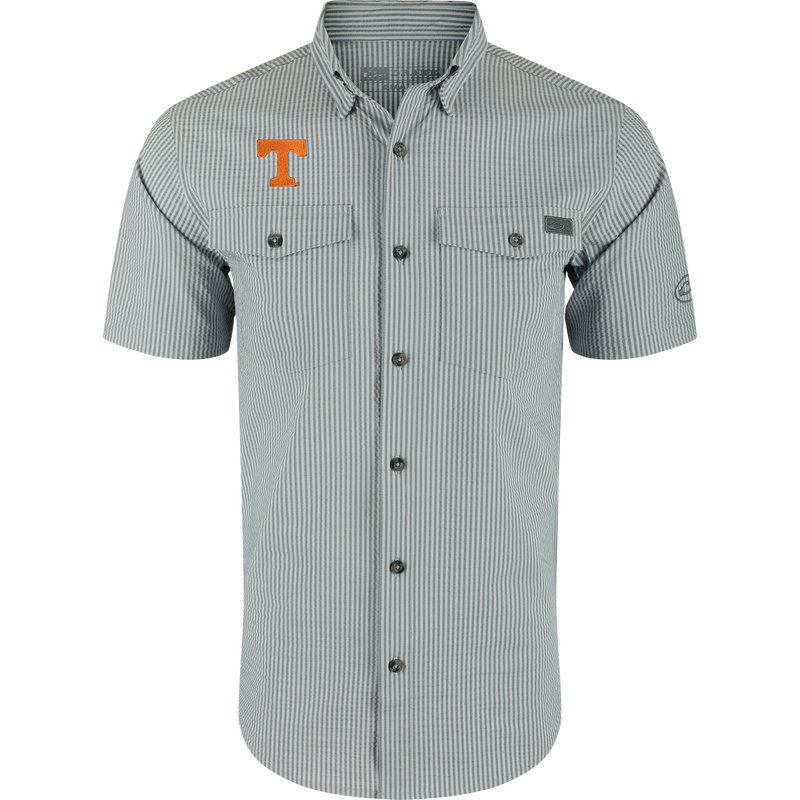 Tennessee Frat Seersucker Short Sleeve Shirt with fine gray-and-white stripes, button-front, point collar, flap chest pockets, and an orange T appliqué on the left chest.
