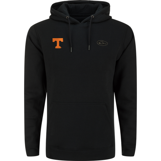 Tennessee Three End Hoodie featuring a black design with kangaroo pocket, orange T on left chest, and Carhartt logo on right chest.
