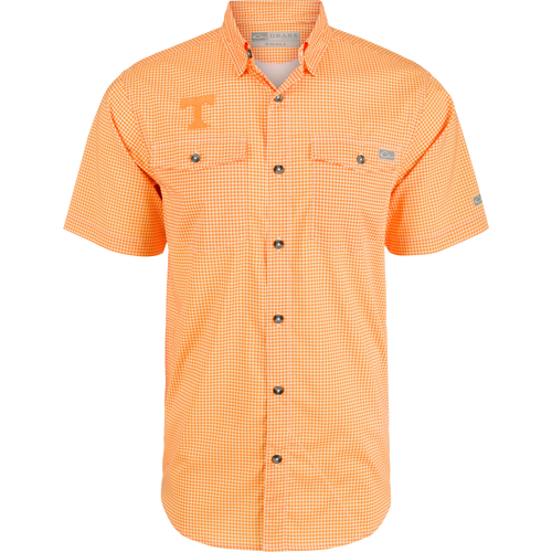 Tennessee Frat Gingham Shirt with hidden collar, chest pockets, and vented cape back. Lightweight, moisture-wicking, and UPF30 for sun protection.