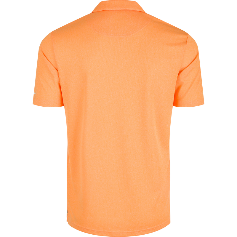 Tennessee Vintage Heather Polo - A close-up of the back of a shirt with a vintage heather finish, featuring the official Tennessee logo on the left chest. Made of 100% polyester, this polo offers four-way stretch, quick-drying, moisture-wicking, and breathable properties. Perfect for any Volunteers fan.