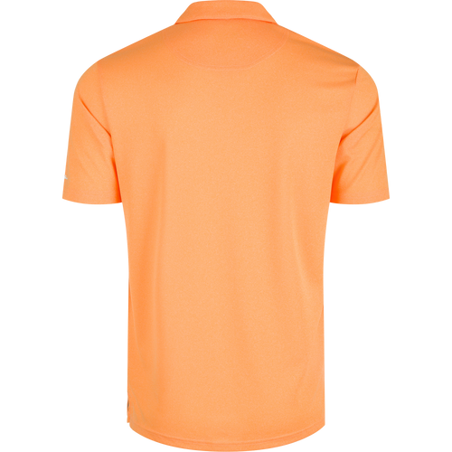 Tennessee Vintage Heather Polo - A close-up of the back of a shirt with a vintage heather finish, featuring the official Tennessee logo on the left chest. Made of 100% polyester, this polo offers four-way stretch, quick-drying, moisture-wicking, and breathable properties. Perfect for any Volunteers fan.