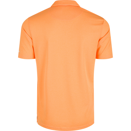 Tennessee Vintage Heather Polo - A close-up of the back of a shirt with a vintage heather finish, featuring the official Tennessee logo on the left chest. Made of 100% polyester, this polo offers four-way stretch, quick-drying, moisture-wicking, and breathable properties. Perfect for any Volunteers fan.