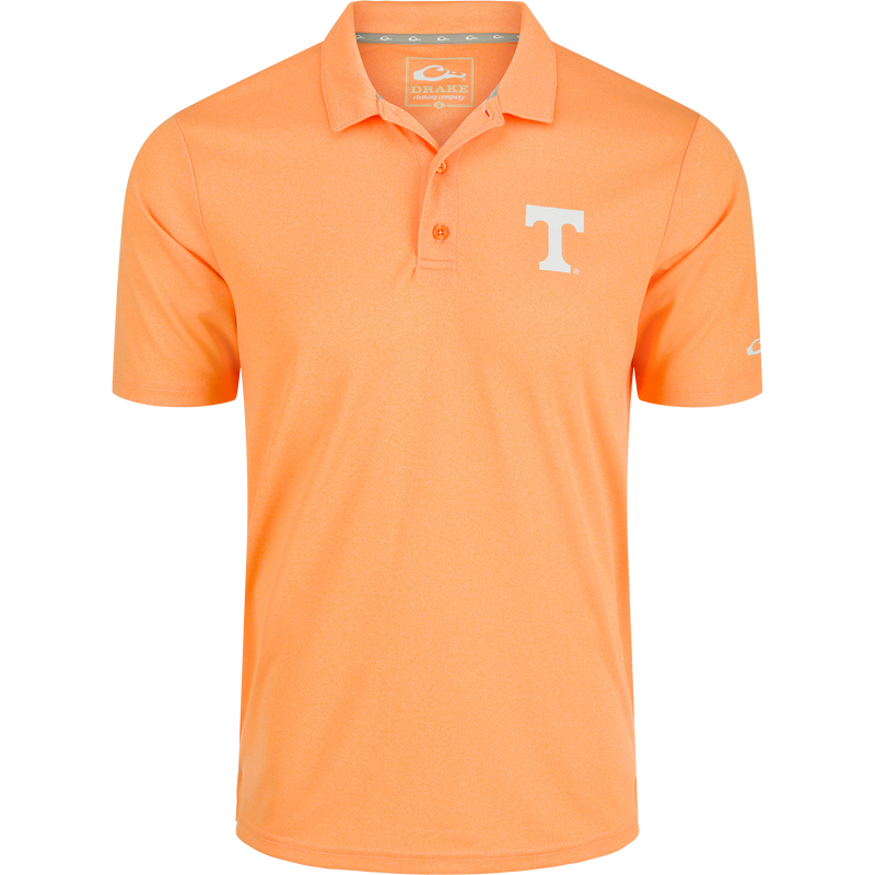 Tennessee Vintage Heather Polo: A comfortable orange polo shirt with a white T-shirt logo. Perfect for any Volunteers fan with its vintage heather finish and official Tennessee logo on the left chest. Made of 100% polyester with four-way stretch for a cool and breathable fit.