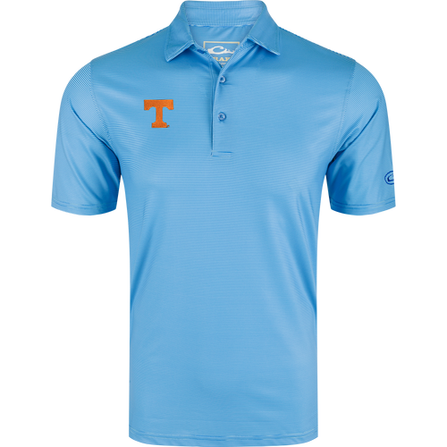 Tennessee Chalk Stripe Polo with fine pin-stripes, three-button placket, orange logo, and circular sleeve mark, offering performance features like UPF 30 and moisture-wicking.
