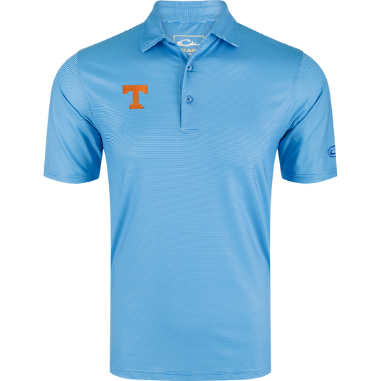 Tennessee Chalk Stripe Polo with fine pin-stripes, three-button placket, orange logo, and circular sleeve mark, offering performance features like UPF 30 and moisture-wicking.