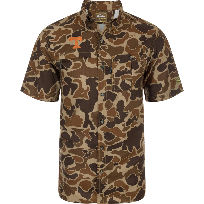 Tennessee State 8-Shot Short Sleeve Shirt with camo pattern, featuring two chest pockets, embroidered T logo, and a pointed collar. Ideal for active outdoor wear.