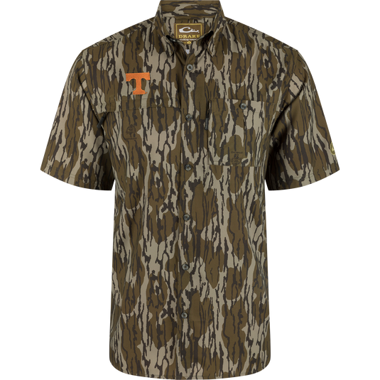 Tennessee State 8-Shot Short Sleeve Shirt in camouflage with button-down collar, two chest pockets, and vented cape back, ideal for outdoor activities and hunting.