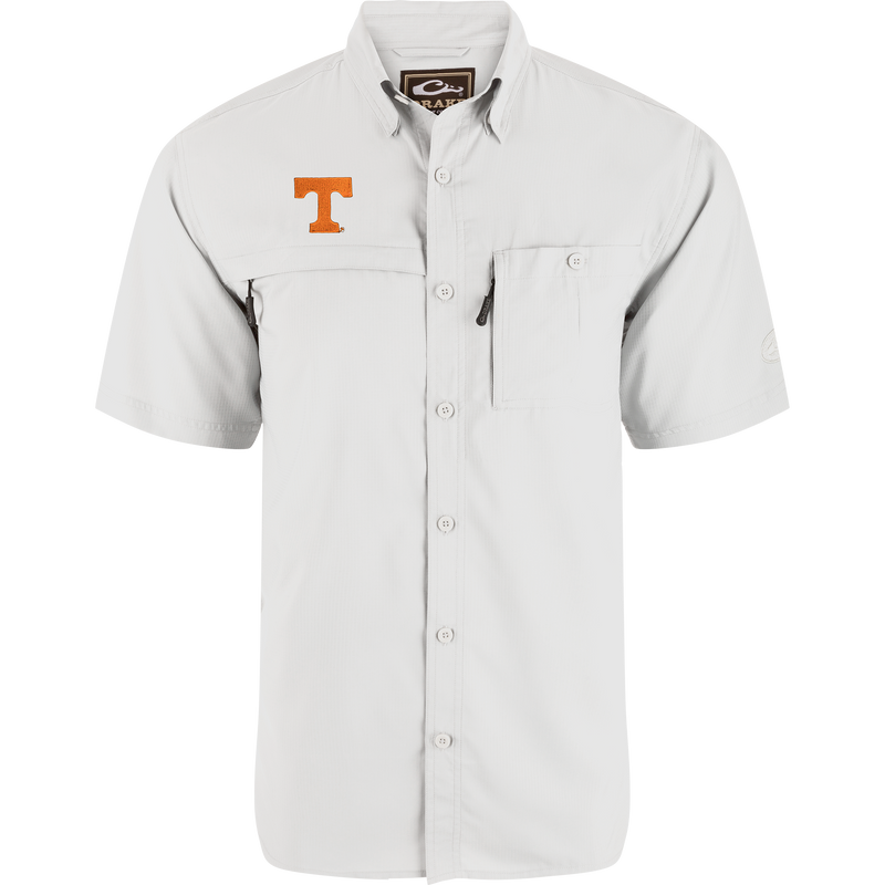 Tennessee State 8-Shot Short Sleeve Shirt, light-gray, button-front with two chest pockets, embroidered orange “T” logo; Drake brand performance shirt, ideal for outdoor activities.