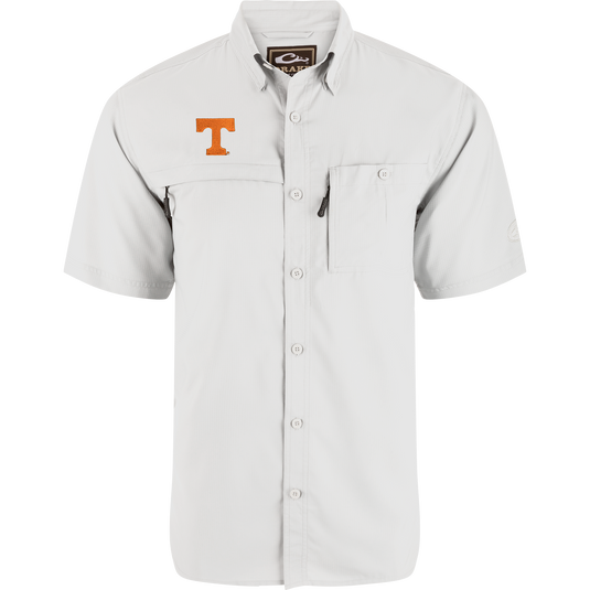 Tennessee State 8-Shot Short Sleeve Shirt, light-gray, button-front with two chest pockets, embroidered orange “T” logo; Drake brand performance shirt, ideal for outdoor activities.