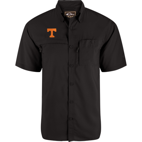 Tennessee State 8-Shot Short Sleeve Shirt, black with orange T logo, features a chest pocket and button-down front, ideal for outdoor activities with technical benefits.