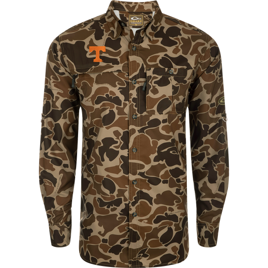 Tennessee 8-Shot Long Sleeve Shirt in camo; features two chest pockets, a vented cape back, and a hidden button-down collar, ideal for outdoor activities.
