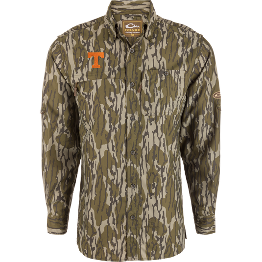 Tennessee 8-Shot Long Sleeve Shirt with green-tan camo print, two chest pockets, bright-orange “T” logo, and Drake Clothing Company label inside collar.