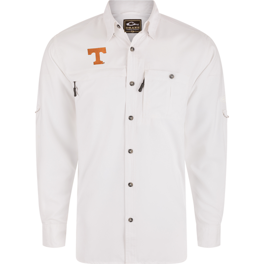 Tennessee 8-Shot Long Sleeve Shirt by Drake Clothing Company, features chest pockets, orange T logo, lightweight fabric, moisture-wicking, UPF 30, ideal for hunting and outdoor activities.