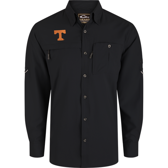 Tennessee 8-Shot Long Sleeve Shirt in black, featuring two chest pockets, orange T appliqué, and Drake label, designed for performance with moisture-wicking and UPF 30 protection.