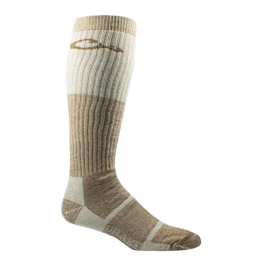 Heavyweight Merino OTC Hunting Sock, knee-high with ribbed texture, seamless toe, full cushion, and arch support, designed for warmth and durability in hunting conditions.