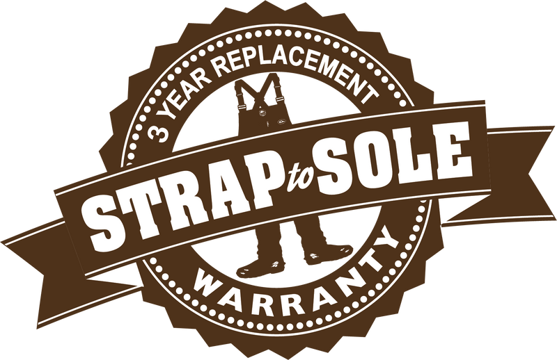 A brown and white logo for 3-Year Strap to Sole Replacement Warranty.
