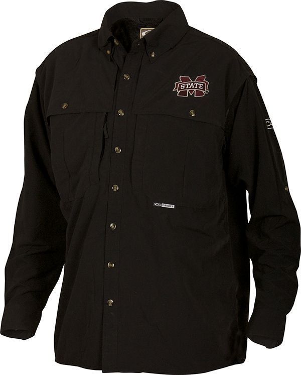 Mississippi State Wingshooter's Shirt L/S with long sleeves, button-up front, and multiple chest pockets, designed for breathability and functionality in warm weather.