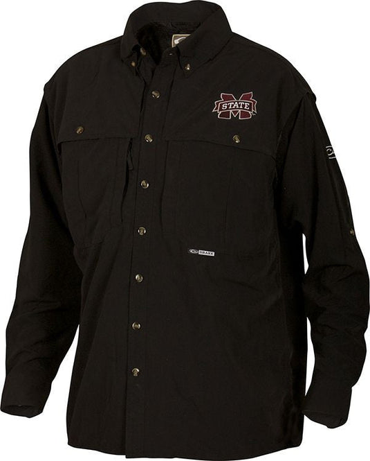 Mississippi State Wingshooter's Shirt L/S with long sleeves, button-up front, and multiple chest pockets, designed for breathability and functionality in warm weather.