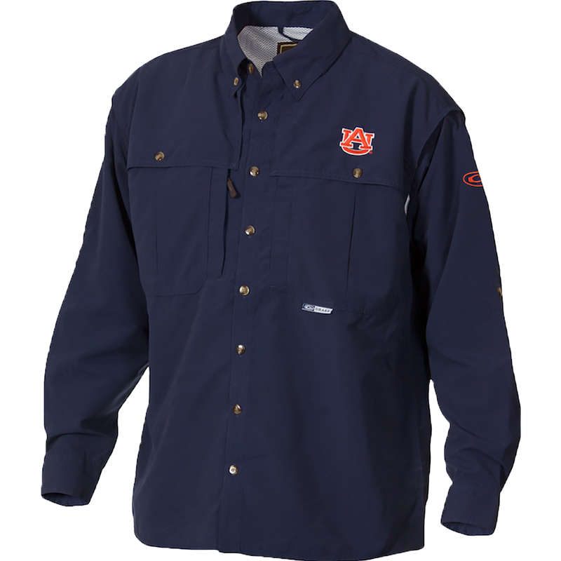 Blue Auburn Wingshooter's Shirt Long Sleeve with logo, front and back ventilation, Magnattach pockets, and zippered chest pocket. Ideal for Game Day. High-quality hunting gear by Purewhitelaneshop.