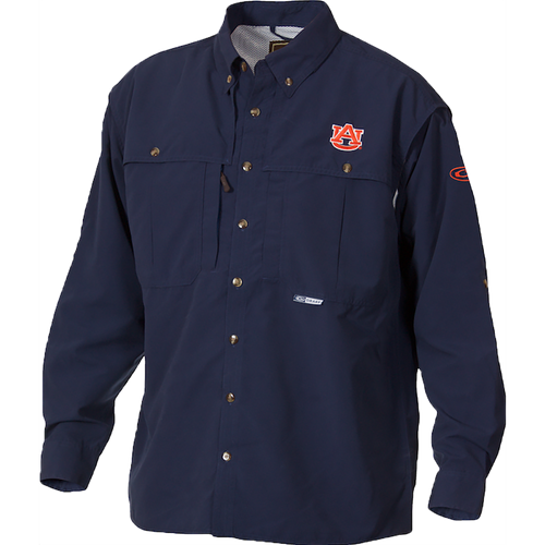 Blue Auburn Wingshooter's Shirt Long Sleeve with logo, front and back ventilation, Magnattach pockets, and zippered chest pocket. Ideal for Game Day. High-quality hunting gear by Purewhitelaneshop.