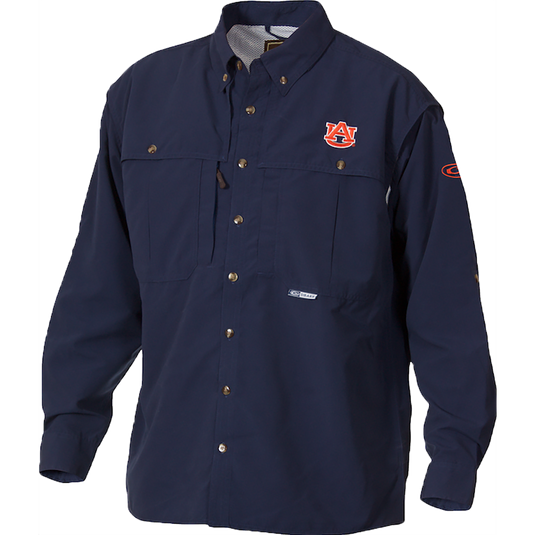 Blue Auburn Wingshooter's Shirt Long Sleeve with logo, front and back ventilation, Magnattach pockets, and zippered chest pocket. Ideal for Game Day. High-quality hunting gear by Purewhitelaneshop.