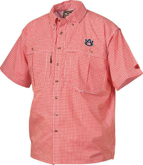 Auburn Plaid Wingshooter's Shirt Short Sleeve with checkered pattern, featuring collar, buttons, and ventilation, ideal for outdoor activities or casual office wear.