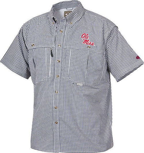 Ole Miss Plaid Wingshooter's Shirt Short Sleeve with logo, featuring front and back ventilation, mesh back, multiple chest pockets, and extended stand-up collar for sun protection.