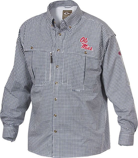 Ole Miss Plaid Wingshooter's Shirt Long Sleeve with embroidered logo on chest, featuring front and back ventilation, multiple pockets, and extended collar for sun protection.