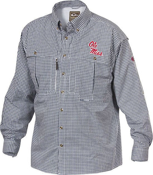 Ole Miss Plaid Wingshooter's Shirt Long Sleeve with embroidered logo on chest, featuring front and back ventilation, multiple pockets, and extended collar for sun protection.