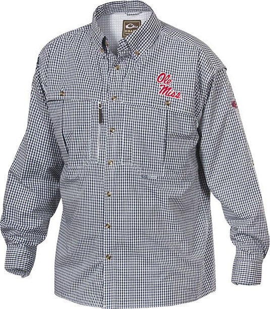 Ole Miss Plaid Wingshooter's Shirt Long Sleeve with embroidered logo on chest, featuring front and back ventilation, multiple pockets, and extended collar for sun protection.