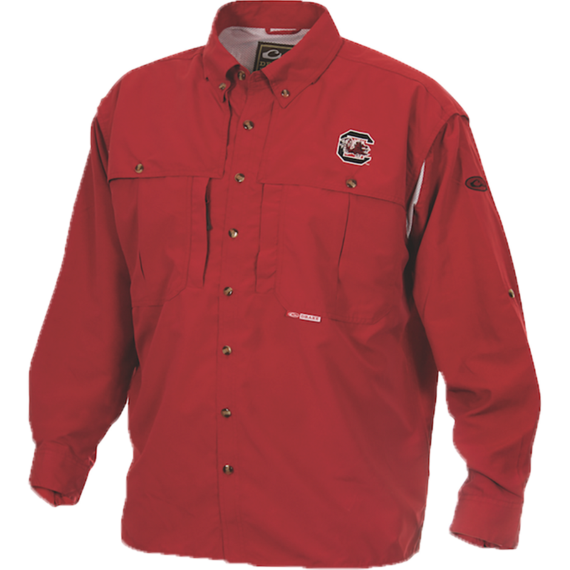 A red high-performance South Carolina Wingshooter's Shirt L/S for Game Day by Purewhitelaneshop. Features include front and back ventilation, Magnattach™ pocket, and durable polyester construction. Ideal for hunting and outdoor activities.