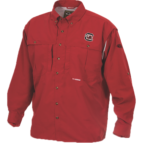 A red high-performance South Carolina Wingshooter's Shirt L/S for Game Day by Purewhitelaneshop. Features include front and back ventilation, Magnattach™ pocket, and durable polyester construction. Ideal for hunting and outdoor activities.