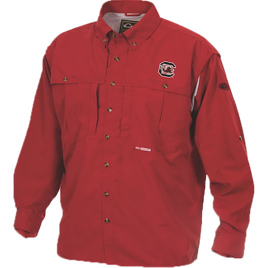 A red high-performance South Carolina Wingshooter's Shirt L/S for Game Day by Purewhitelaneshop. Features include front and back ventilation, Magnattach™ pocket, and durable polyester construction. Ideal for hunting and outdoor activities.