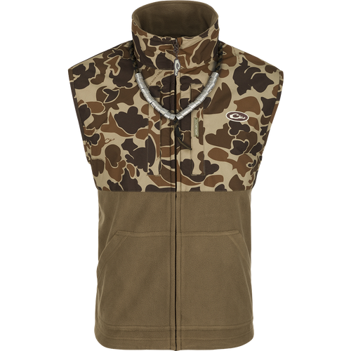 MST Eqwader Vest: A camouflage vest with a necklace, featuring waterproof protection, fleece-lined upper body, and multiple pockets for storage.