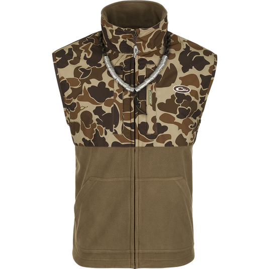 MST Eqwader Vest: A camouflage vest with a necklace, featuring waterproof protection, fleece-lined upper body, and multiple pockets for storage.