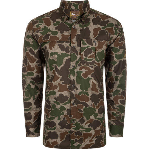 A close-up of the Drake 8-Shot Flyweight L/S Shirt, featuring the exclusive Old School Camo pattern. Made from 100% Polyester Dobby fabric, it offers UPF30 sun protection, moisture-wicking, and quick-drying properties. 