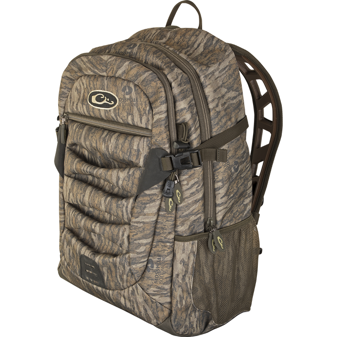 A rugged Camo Daypack by Purewhitelaneshop, ideal for versatile use from classrooms to the field. Features ample storage, hydration pockets, and durable HD2™ material. Dimensions: 18.5 x 11.5 x 8.5.