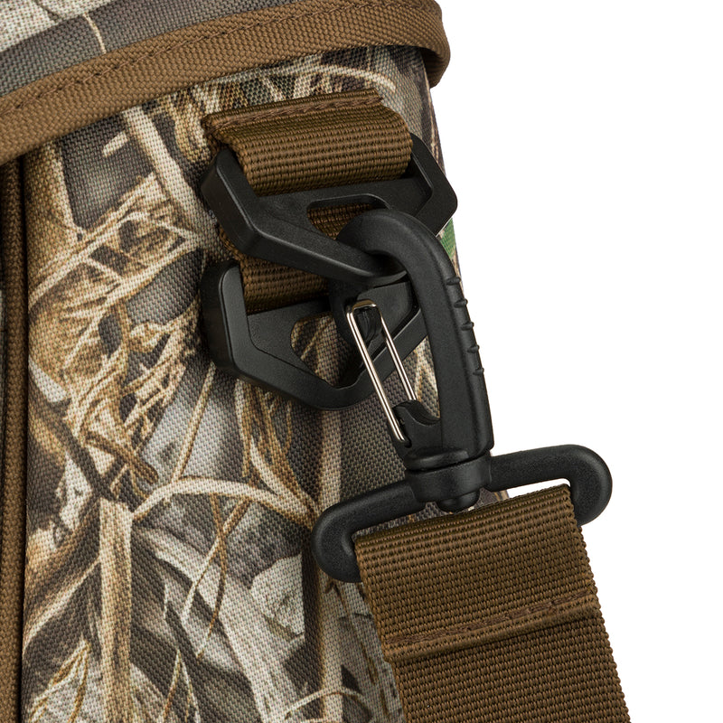 A close-up of the Shoulder Bag 2.0, a rugged and organized hunting gear bag with 650 cubic inches of storage, adjustable strap, improved zipper, and multiple pockets for shells and accessories. Weighs 2.3 lbs.