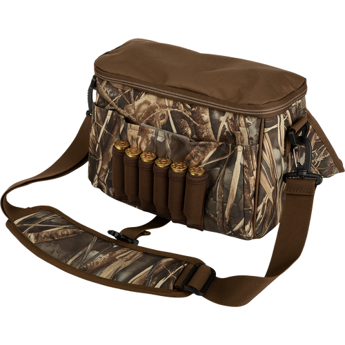 Refuge Blind Bag by Purewhitelaneshop: A durable hunting bag with bullets, adjustable strap, outer pocket, and neoprene shell loops. Ideal for daily hunters needing essential gear without excess weight.