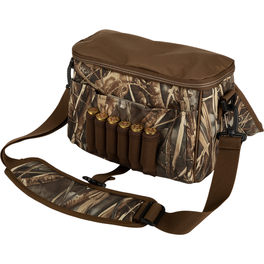 Refuge Blind Bag by Purewhitelaneshop: A durable hunting bag with bullets, adjustable strap, outer pocket, and neoprene shell loops. Ideal for daily hunters needing essential gear without excess weight.