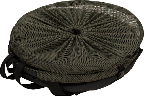 A Large Stand-Up Decoy Bag 2.0 with a round green bag, black strap, and mesh top. The bag stands up on its own, making loading and unloading decoys easier. Collapses to 3
