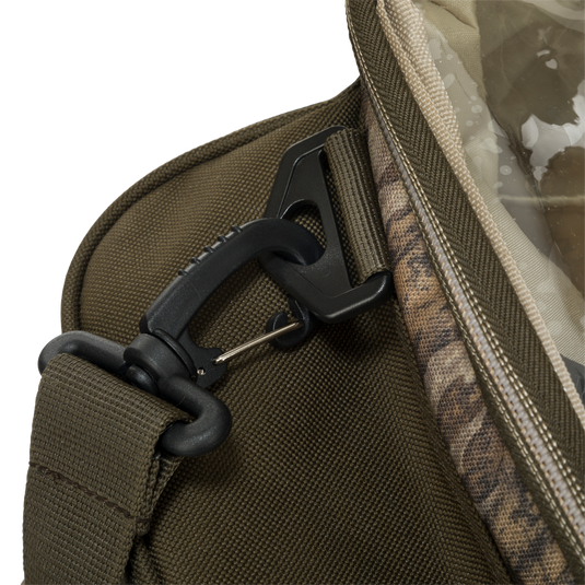 A close up of the Large Blind Bag by Purewhitelaneshop. Loaded with 18 pockets for organizing gear, featuring a waterproof internal compartment and heavy-duty bottom for durability. Adjustable shoulder strap and dimensions of 18"L x 11"H x 10"D.