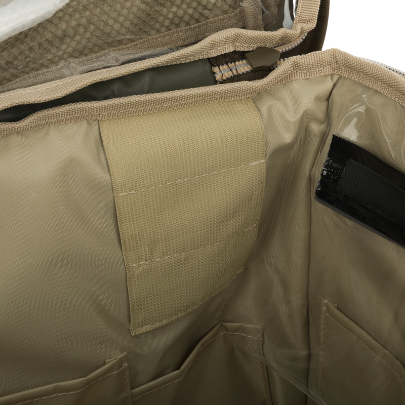 Large Blind Bag: A khaki bag with 18 pockets for organizing gear. Waterproof construction with vinyl liners and a heavy-duty nylon/TPU bottom. Adjustable shoulder strap and dimensions of 18