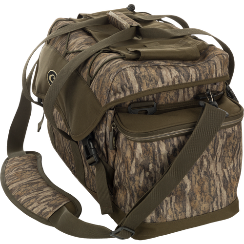 Large Blind Bag: A camouflage bag with straps, loaded with 18 pockets for organizing gear. Waterproof, durable, and abrasion-resistant. Adjustable shoulder strap. Dimensions: 18