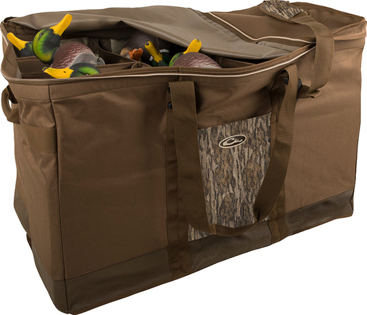 12 Slot Zippered-Top Decoy Bag displaying open compartments with mallard decoys inside, featuring a padded shoulder strap and front pocket, ideal for waterfowl hunting.