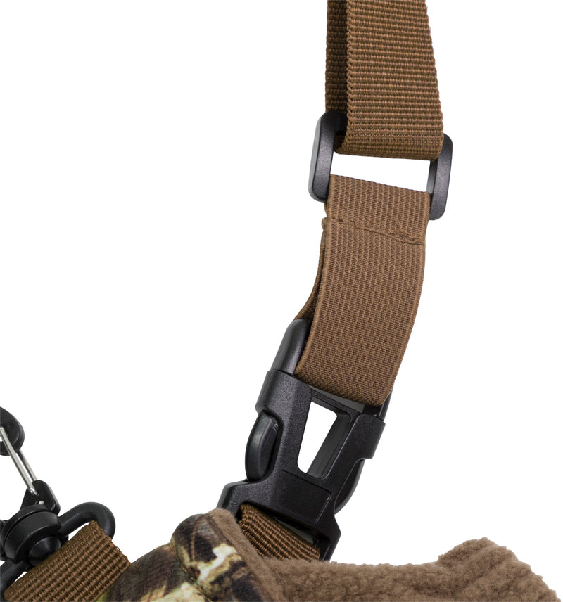Close-up of the LST Handwarmer Muff's adjustable strap with quick-release buckles for easy attachment to waders.