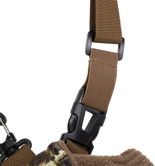 Close-up of the LST Handwarmer Muff's adjustable strap with quick-release buckles for easy attachment to waders.
