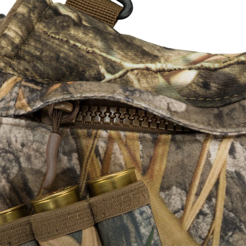 Close-up of the Drake LST Handwarmer Muff with front storage pocket and waterproof cell phone pouch.