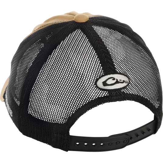 Retro Duck Patch Cap with black and tan design, featuring a logo close-up and high-quality construction.