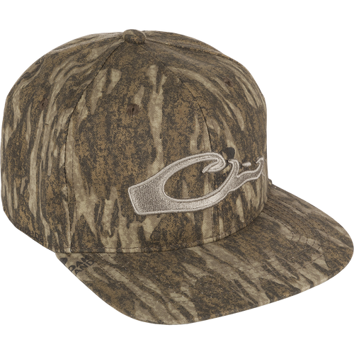 Camo Flat Bill Cap with raised embroidered logo and adjustable snapback closure. 100% cotton, 6-panel construction for a good fit.